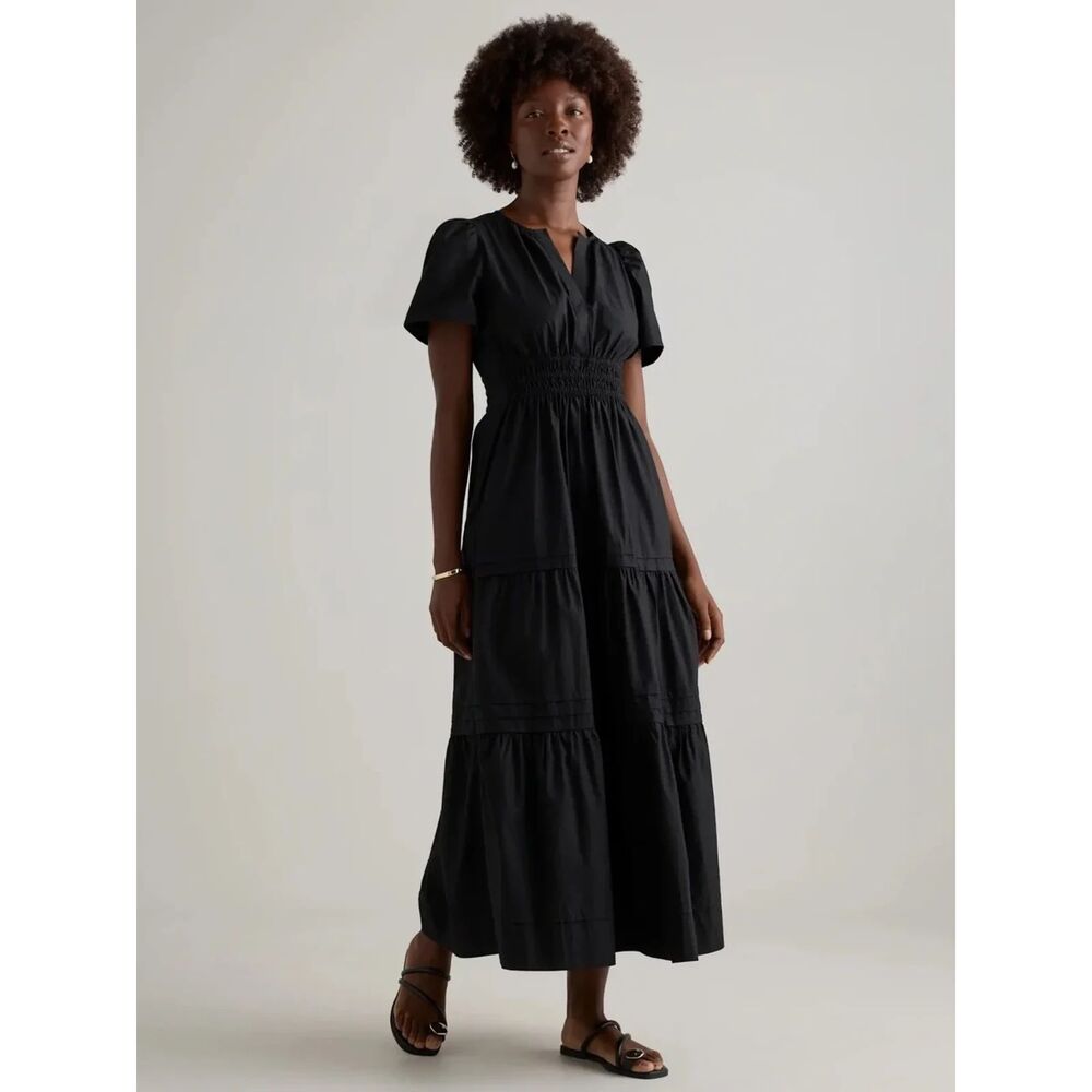 Quince 100% Organic Cotton Poplin Tiered Maxi Dress Black XS